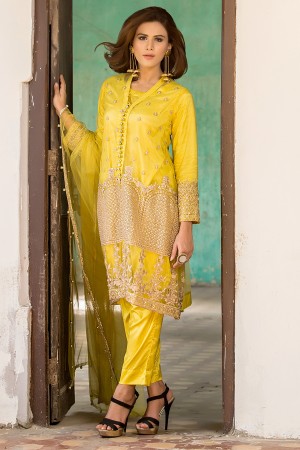 Embroidered Net Shirt With Slip & Trouser